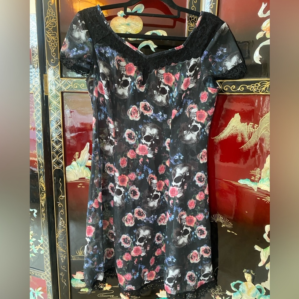 Spin Doctor Morgan Gothic Floral Skull Mini Dress, Size S